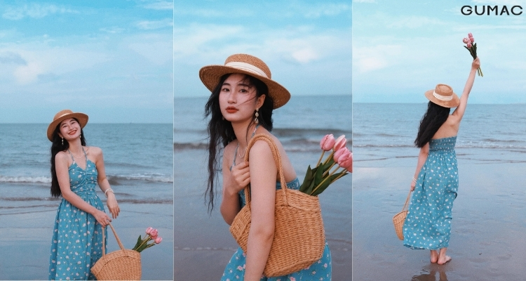 chup anh voi hoa tulip view bien