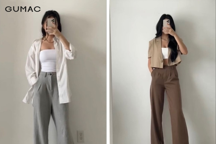 Chọn quần cạp cao mix với áo sơ mi và 2 dây cho nữ