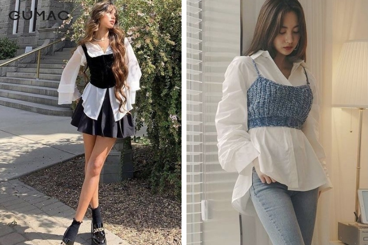 Phong cách áo hai dây mặc ngoài áo sơ mi khác biệt
