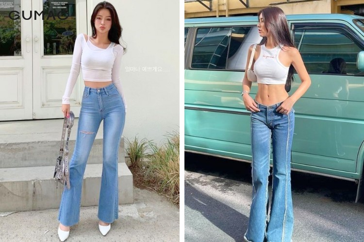 Mix áo croptop với quần cạp cao ống loe thời thượng