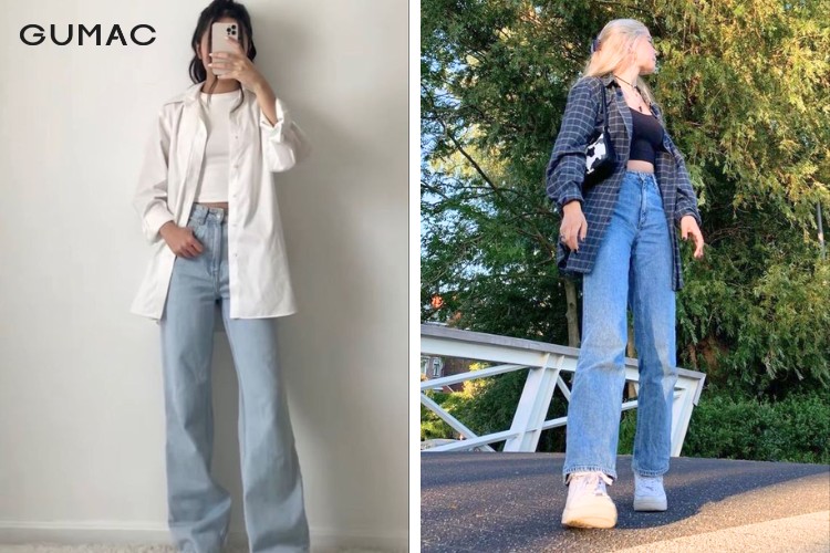 Mặc áo croptop quần cạp cao khoác áo sơ mi bên ngoài