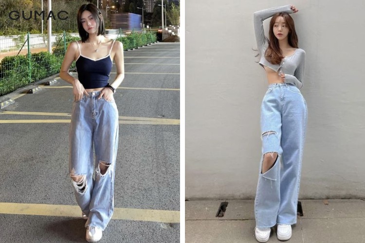 Thời trang áo croptop cùng quần ống rộng cạp cao