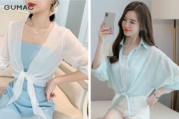 Áo khoác voan nữ đẹp lửng có buộc nơ
