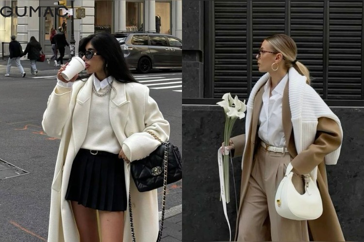 outfit sanh dieu voi so mi, ao len co tron va ao mang to