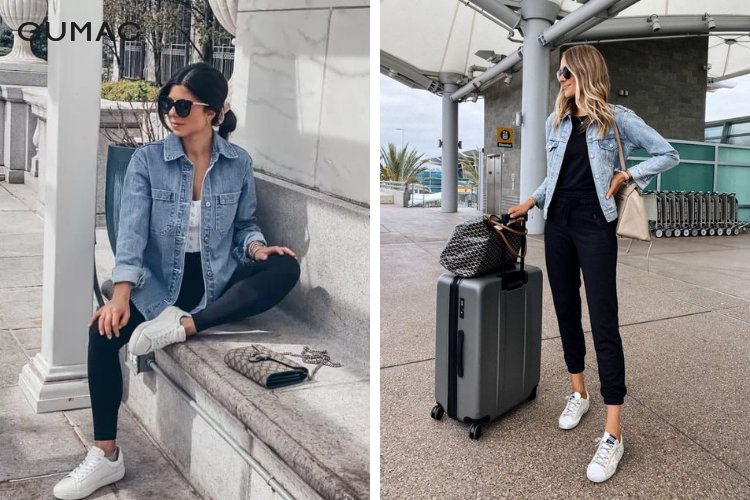 Mix áo sơ mi jean nữ cùng quần legging hiện đại