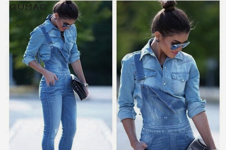 Mix áo sơ mi jean nữ cùng quần yếm