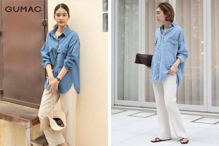 Mix áo sơ mi jean nữ với quần trắng