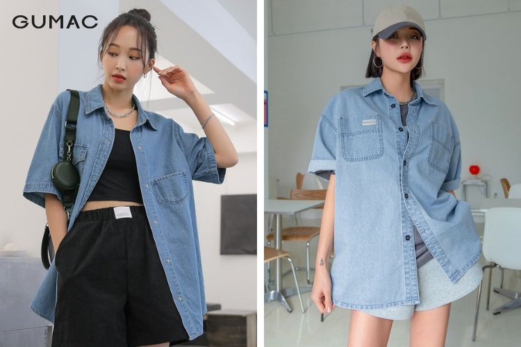 Phối áo sơ mi jean cùng quần short
