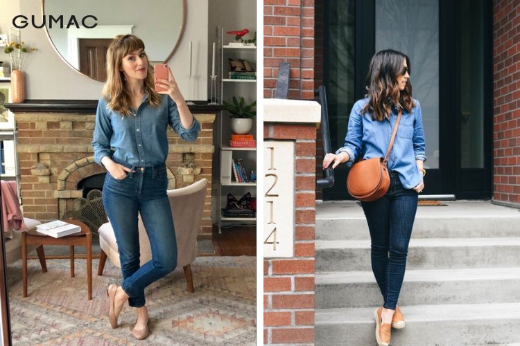 Phối áo sơ mi jean với quần skinny