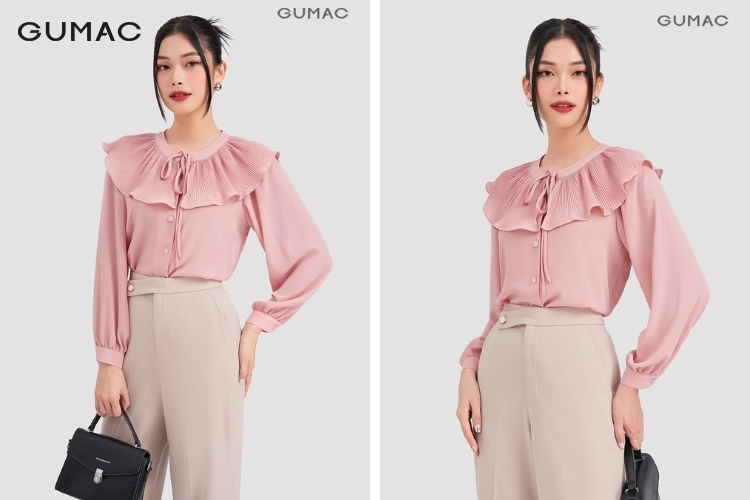 Áo sơ mi nữ dạng cổ bèo dập ly phù hợp cho các nàng diện vào mùa thu