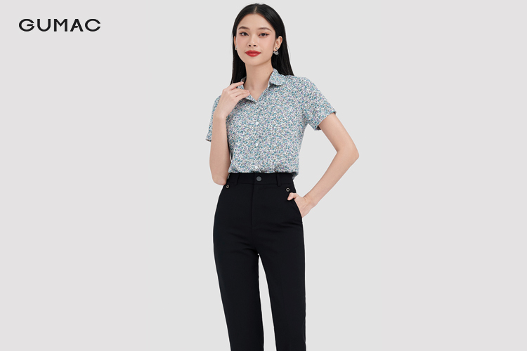 Áo sơ mi họa tiết nữ tay ngắn