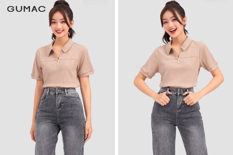 áo thun nữ polo khóa kéo