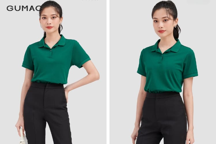 Mẫu áo thun có cổ màu xanh rêu tôn da