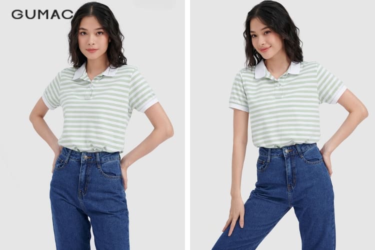 áo thun nữ polo sọc ngang