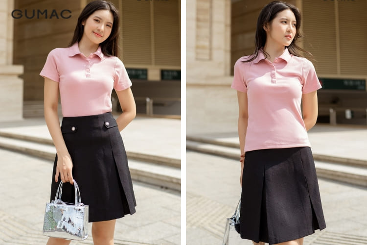 mix áo thun nữ polo cùng chân váy