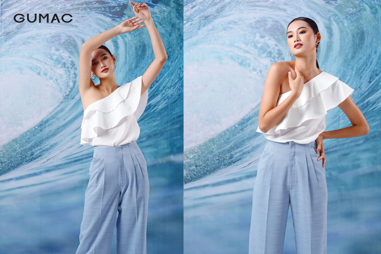 Phối áo lệch vai dáng ngắn cùng quần thể thao