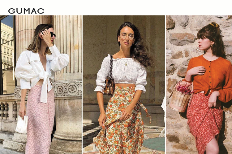 Phối chân váy xòe hoa nhí cùng áo croptop tay phồng điệu đà