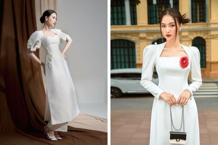những mẫu áo dài cổ vuông tay phồng