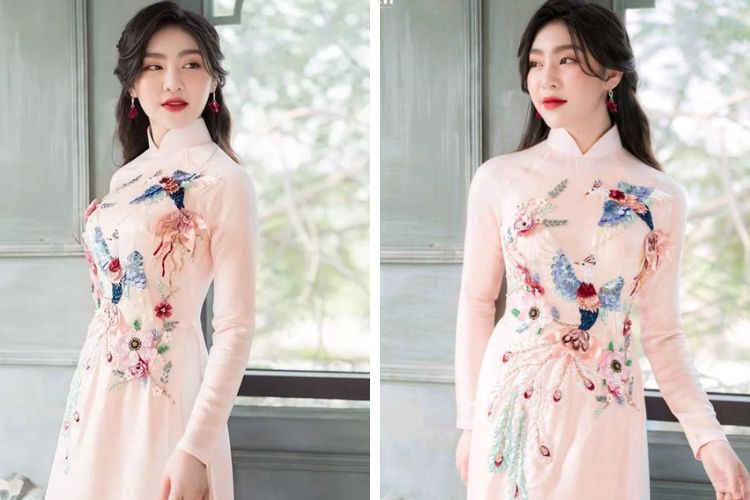 Kiểu áo dài thêu hoa trước ngực truyền thống