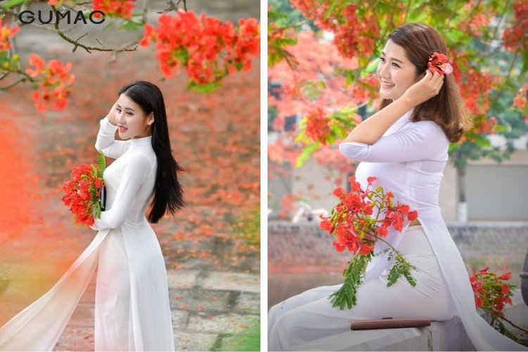 Tạo dáng chụp ảnh kỷ yếu với hoa phượng đỏ