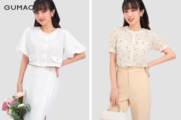 ao so mi tay phong co tron dang croptop