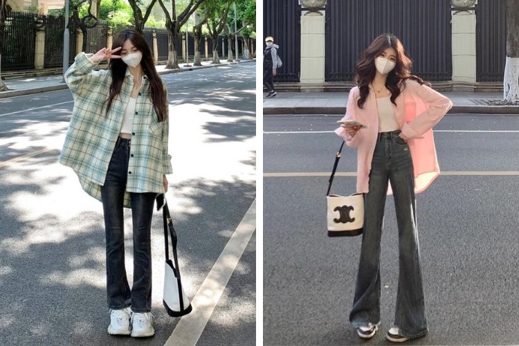 Mix quần jeans ống loe cùng áo buộc vạt