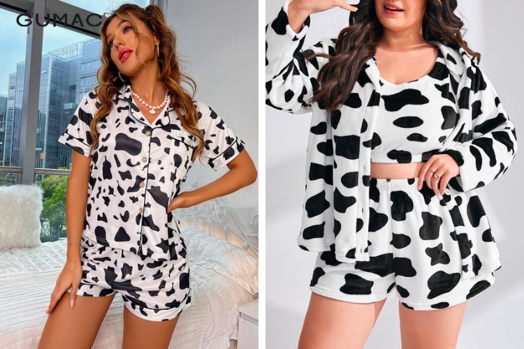 Bộ đồ short mặc nhà hoa văn bò sữa