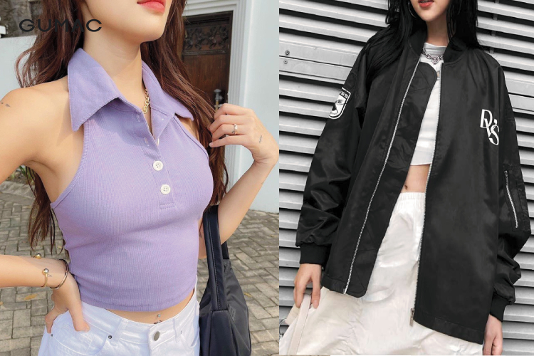 Kết hợp áo ba lỗ croptop cổ yếm với kiểu áo bomber năng động