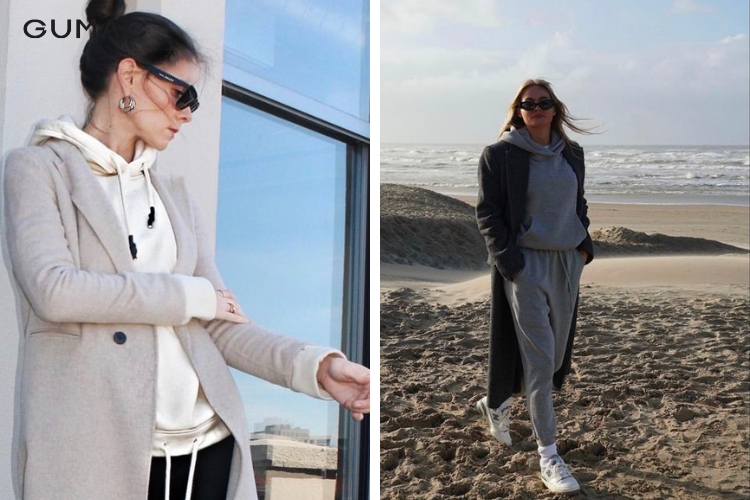 Áo hoodie phối với áo khoác dạ dài