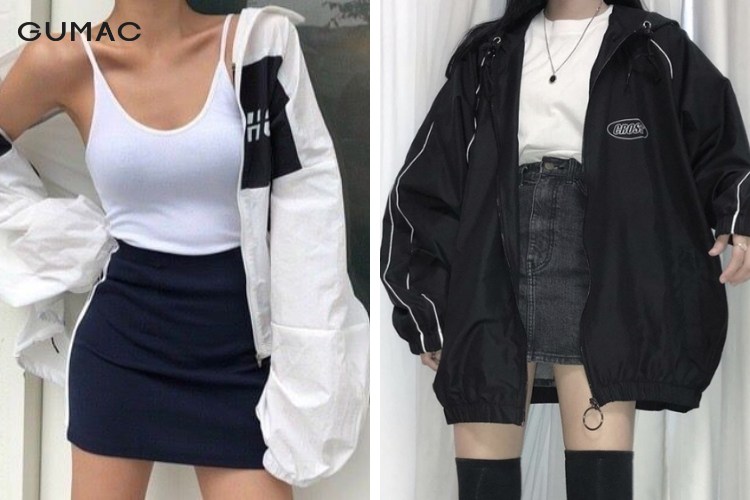 Diện áo khoác dù cùng chân váy nữ dễ thương