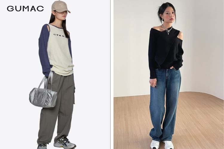cách phối đồ với áo thun tay dài kiểu hở vai