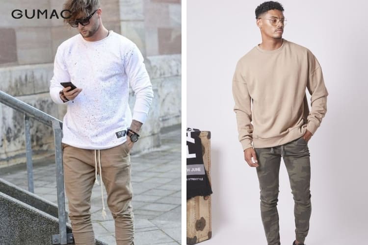Mix áo thun dài tay cùng quần kaki hoặc quần jogger