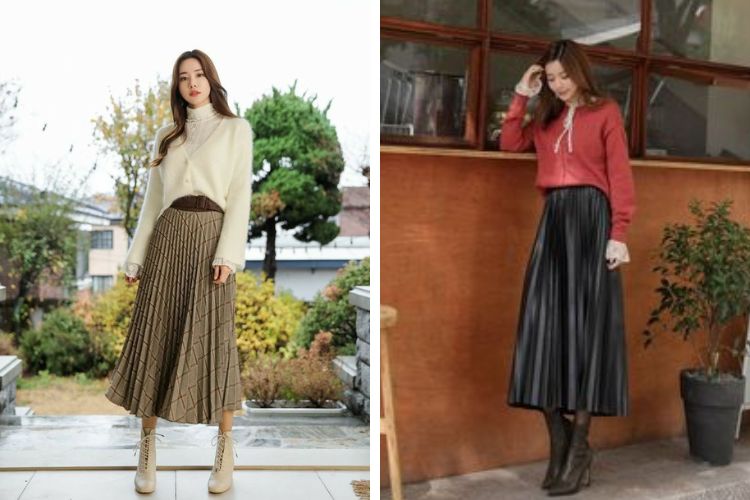 Cách phối đồ với chân váy xòe dài mùa đông và áo cardigan