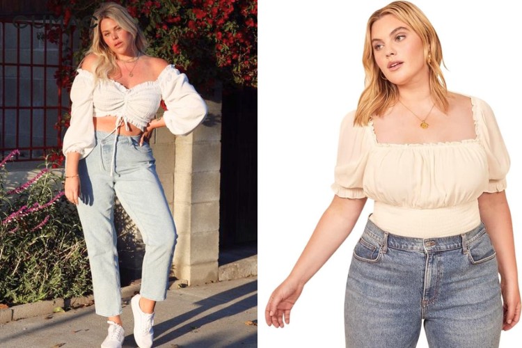 Phối quần jeans cùng áo kiểu tay bồng cổ vuông