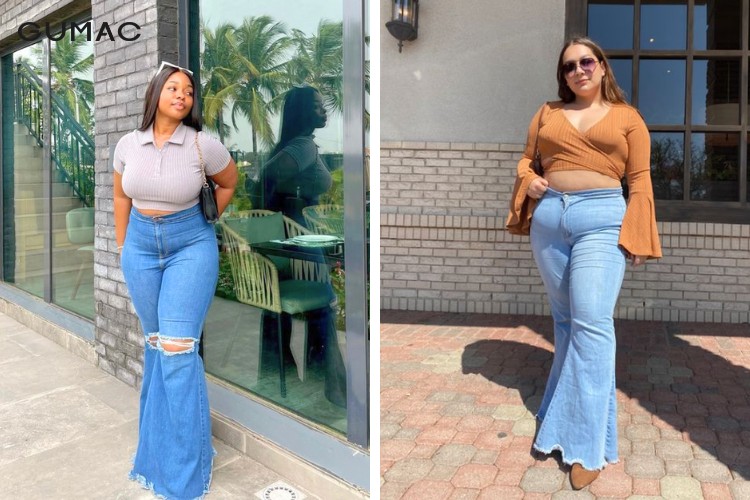 Thời trang quần jeans ống loe cùng áo kiểu cho người mập