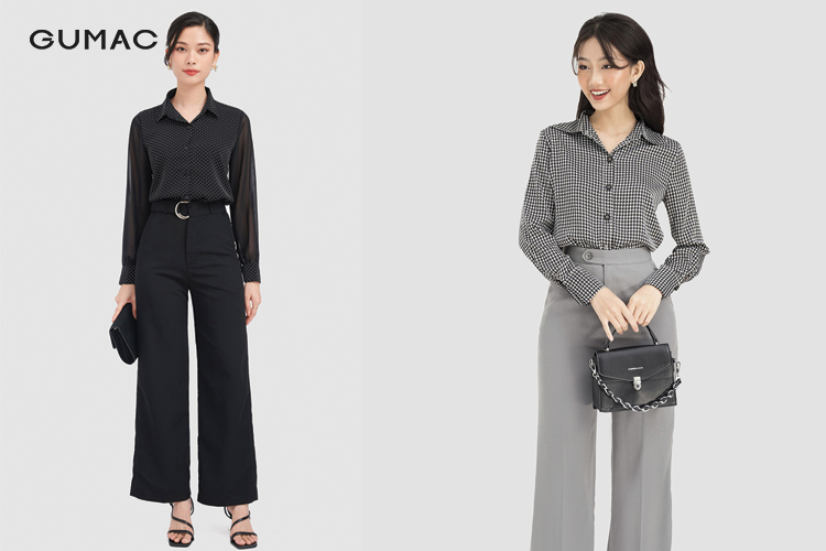 Phối quần tây ống rộng với áo sơ mi cổ bẻ