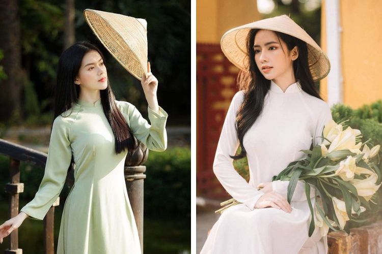 tao dang chup ao dai Tet voi non la