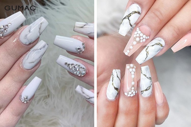 Nail vân đá với tông màu trắng