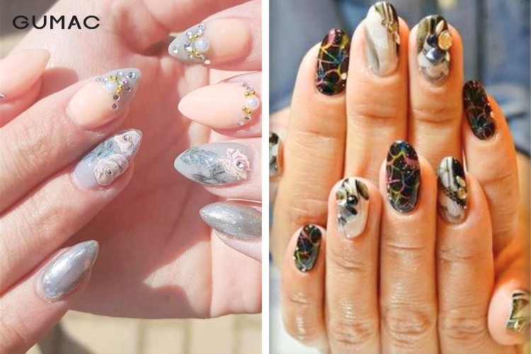 mẫu nail vân đá cùng những chiếc charm