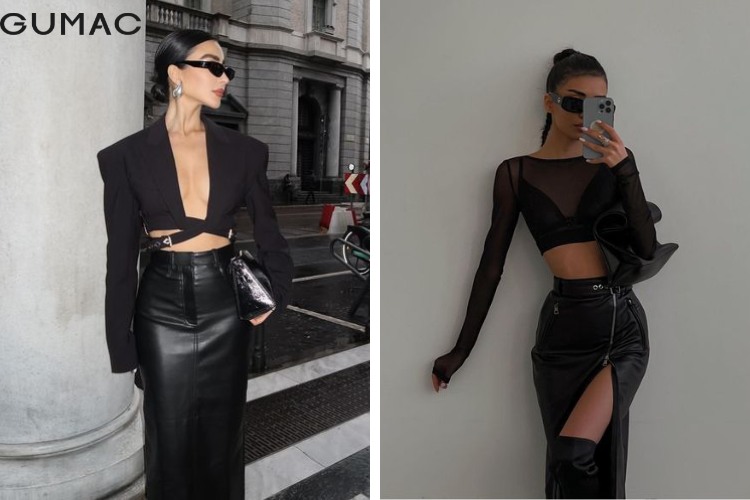 chân váy da phối cùng áo croptop
