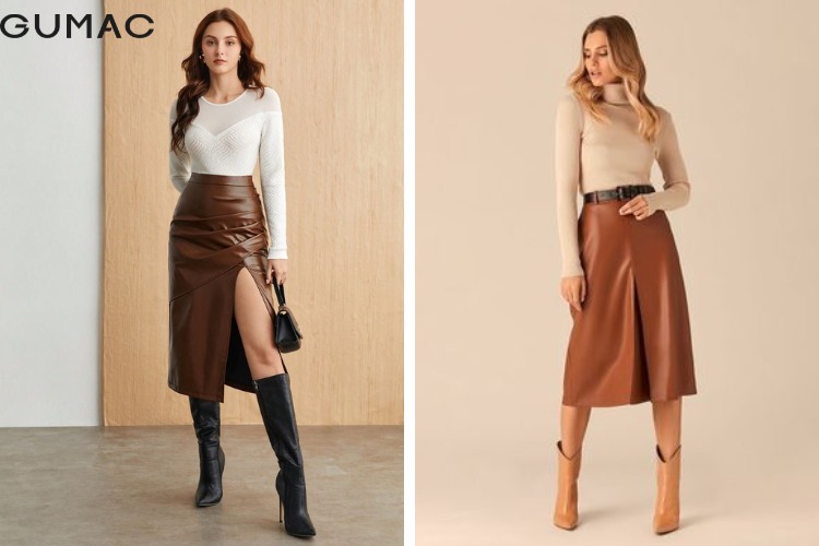 phối chân váy da với giày boots