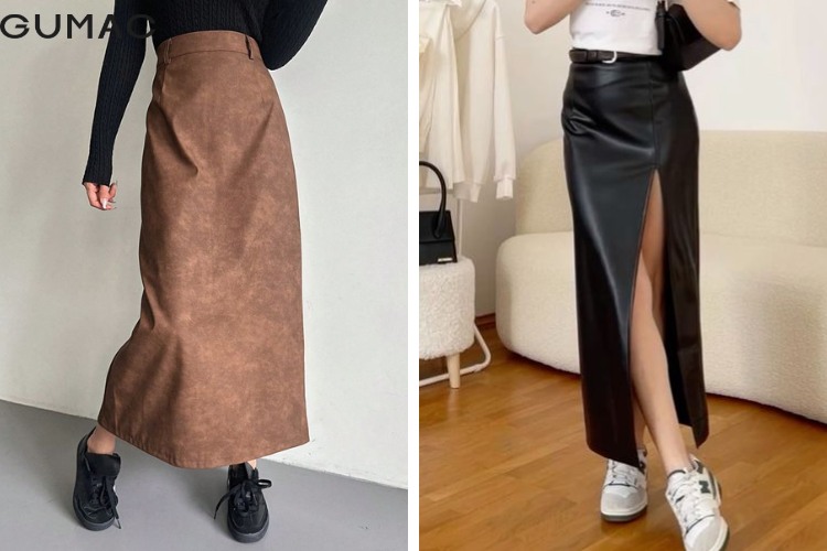 phối chân váy da với giày thể thao