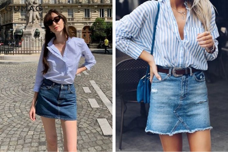 Mix chân váy jean với áo sơ mi họa tiết