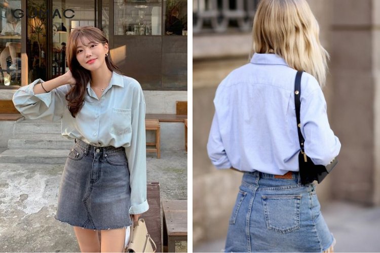 Phối chân váy jean với áo sơ mi một màu