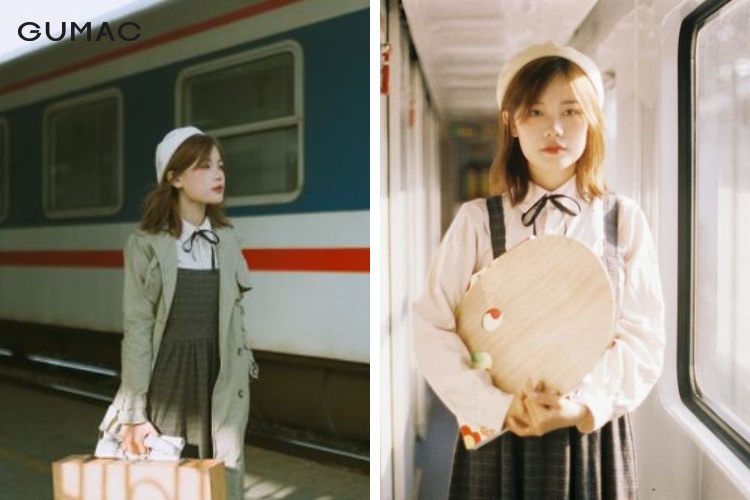 Thời trang vintage với áo gile chụp ảnh ga tàu