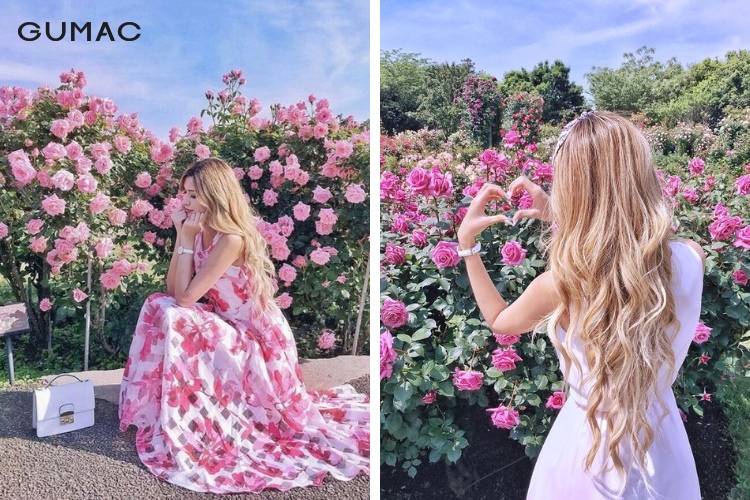Váy đầm hai dây cùng cardigan chụp hình cùng hoa hồng