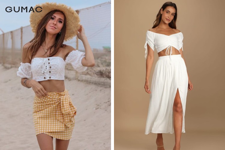 Mix chân váy và áo trễ vai