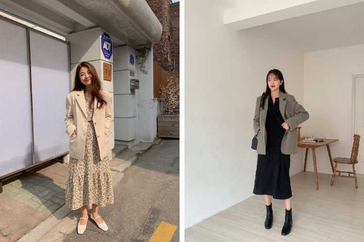 Áo blazer phối với đầm dài