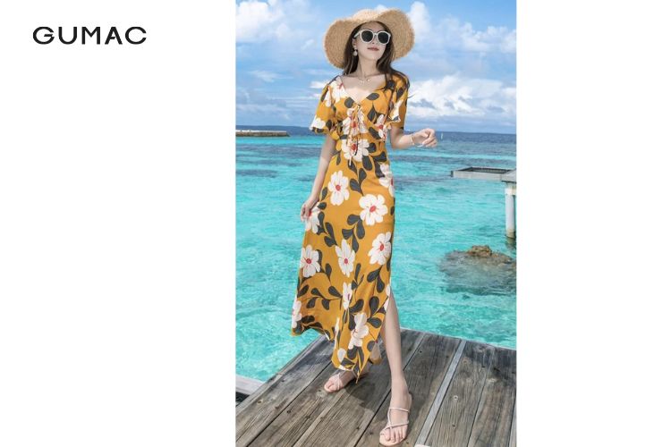đầm maxi hoạ tiết phối với mũ cối