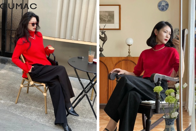 Áo len cổ lọ màu đỏ phù hợp mùa Noel